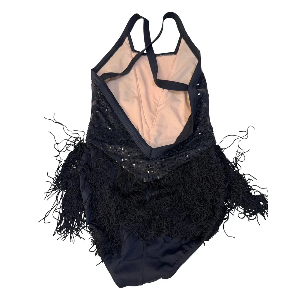 Weissman Dance Leotard LC Black Sequin Fringe Mesh Nylon Spandex